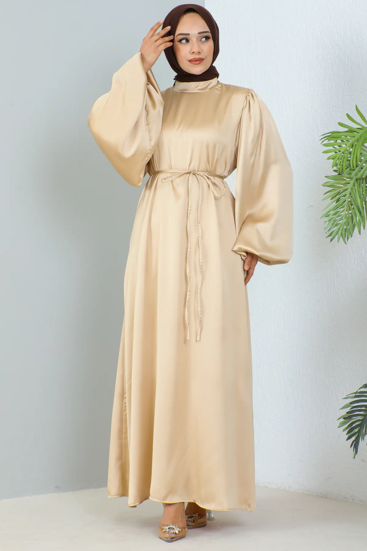 Uzun Saten Elbise Bej 2069-detail