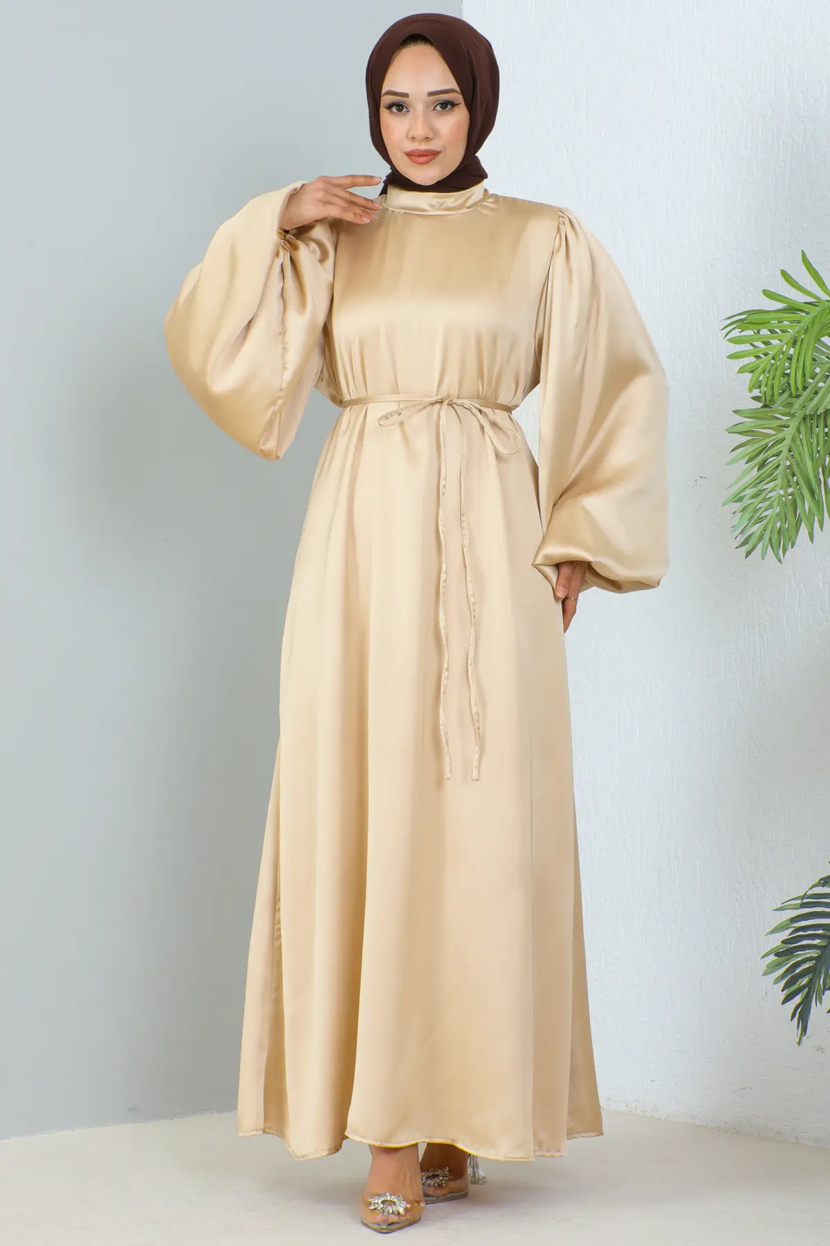 Uzun Saten Elbise Bej 2069-detail