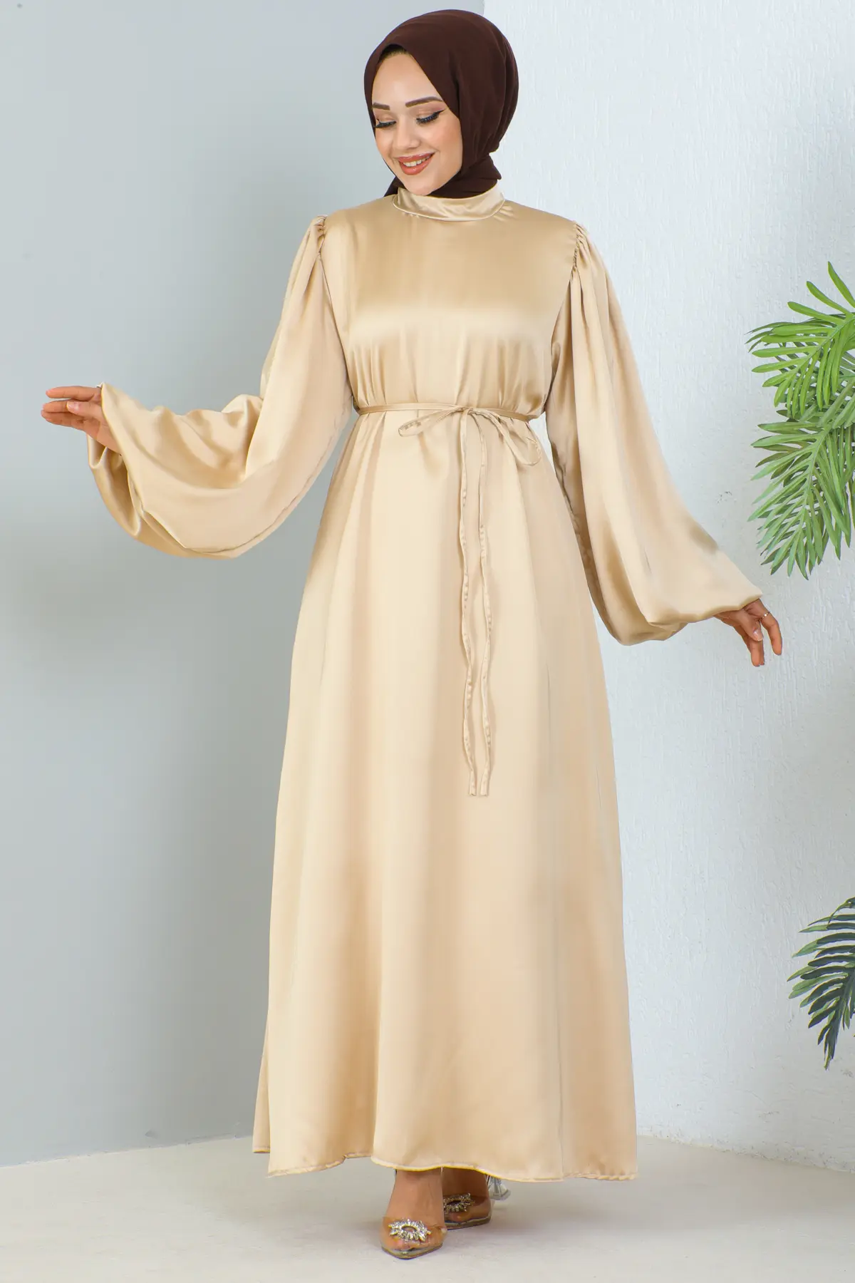 Uzun Saten Elbise Bej 2069-detail