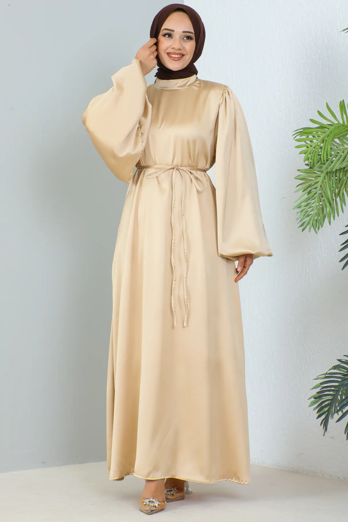 Uzun Saten Elbise Bej 2069-detail