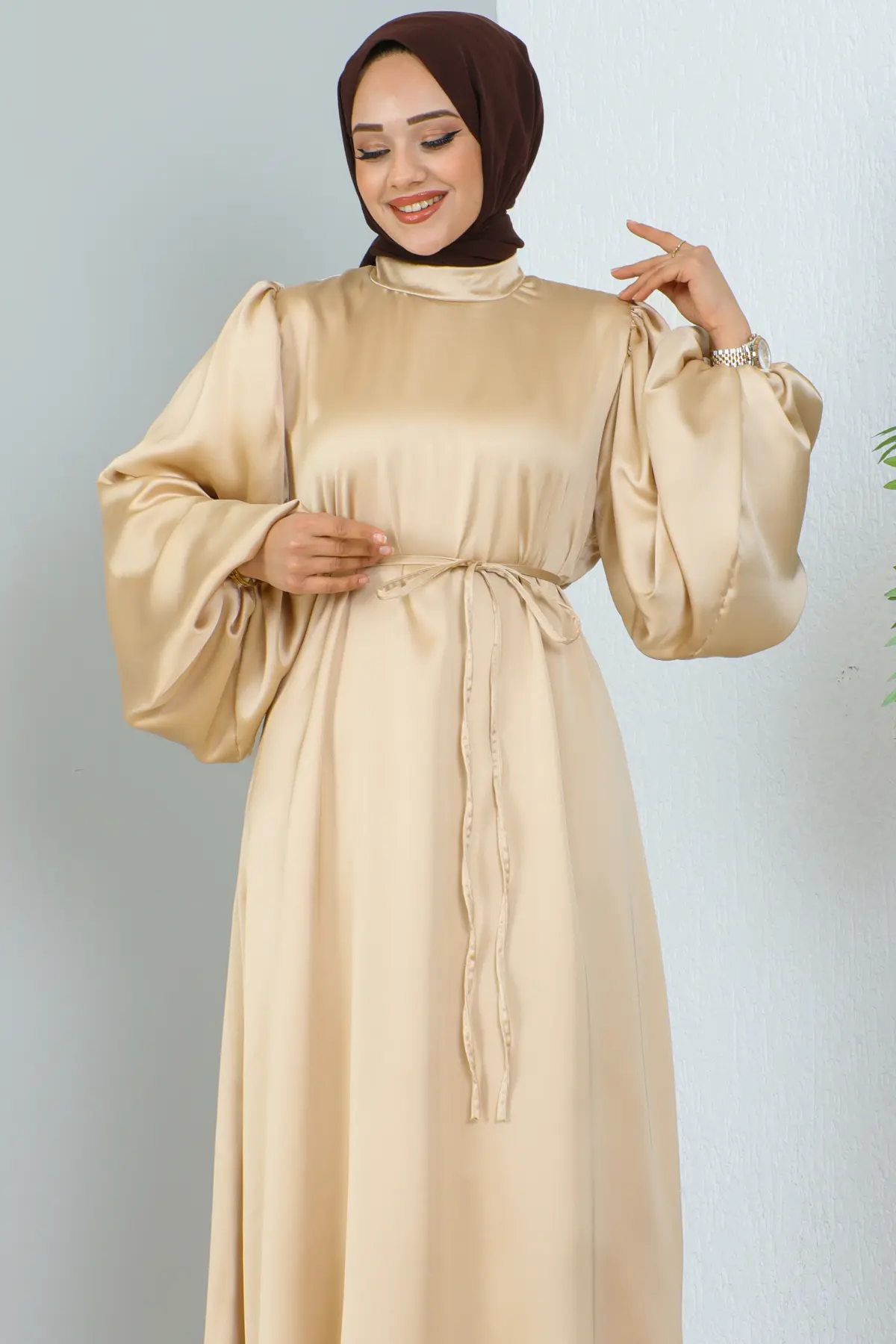 Uzun Saten Elbise Bej 2069-detail