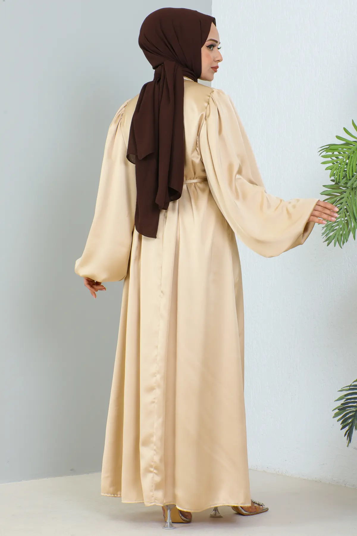 Uzun Saten Elbise Bej 2069-detail