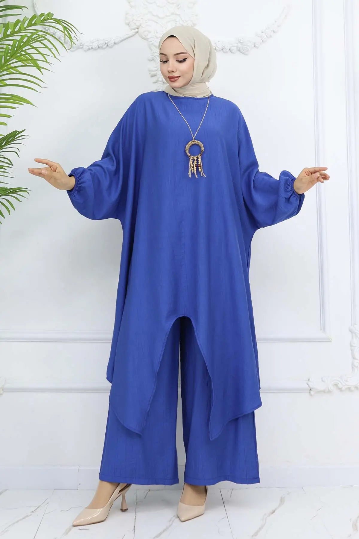 Uzun Tunikli Salaş İkili Takım Saks Mavisi 4765-detail