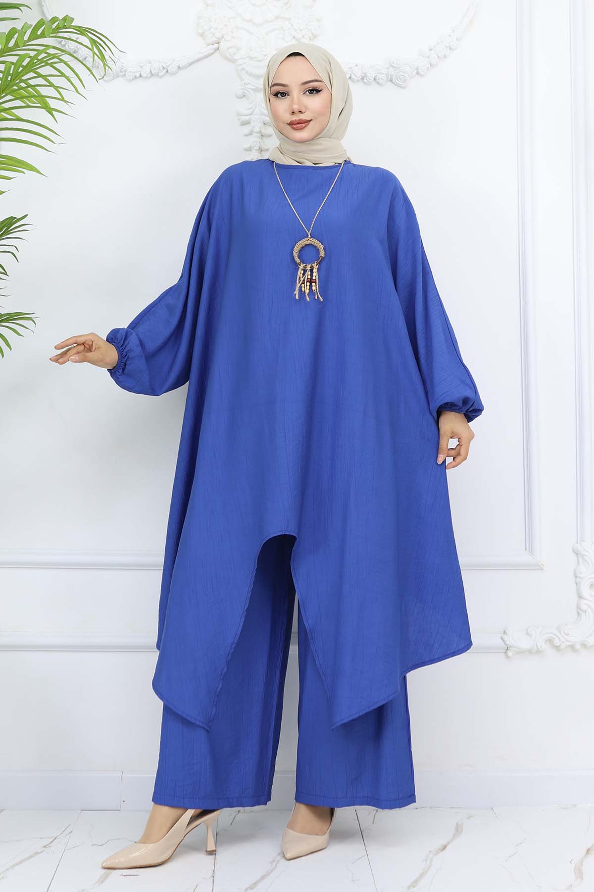 Uzun Tunikli Salaş İkili Takım Saks Mavisi 4765