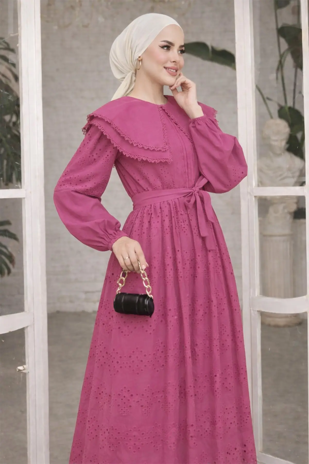 Yaka Detaylı Dantelli Elbise Krem-detail