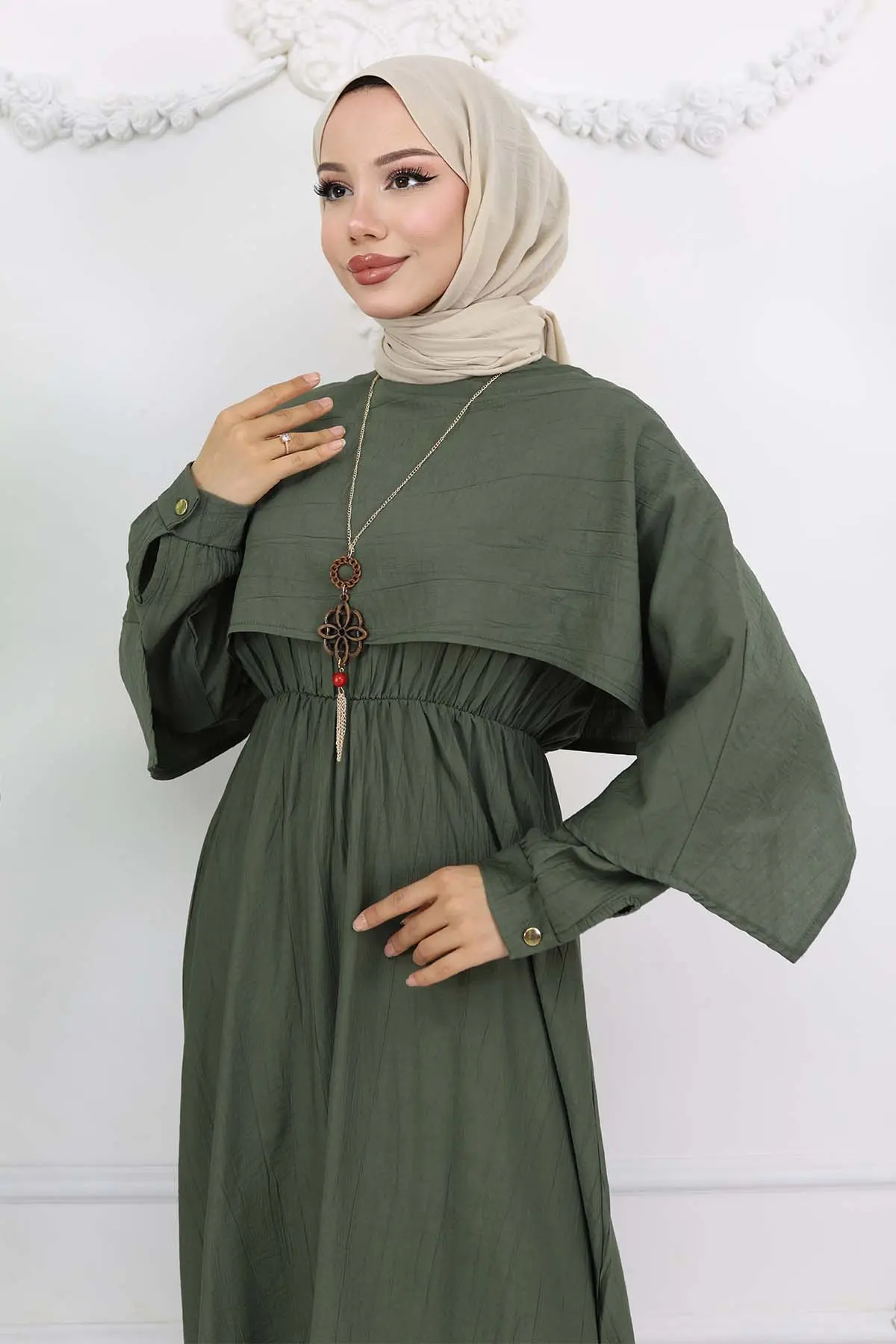 Yaka Detaylı Kolyeli Elbise Haki 4809-detail