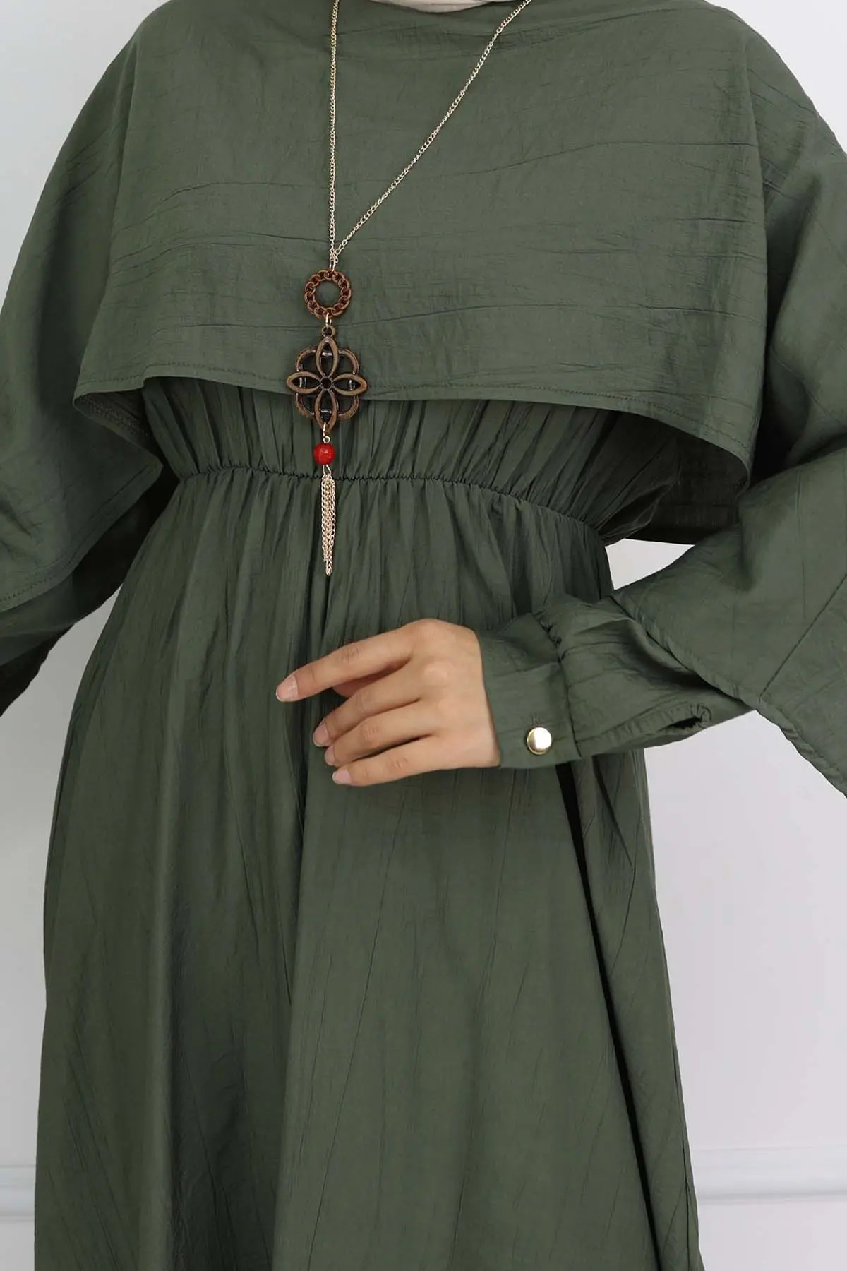 Yaka Detaylı Kolyeli Elbise Haki 4809-detail