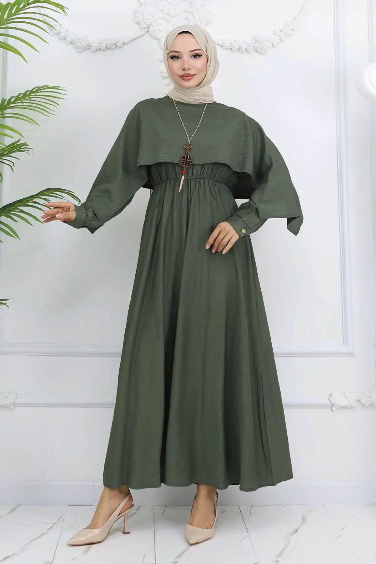 Yaka Detaylı Kolyeli Elbise Haki 4809-detail