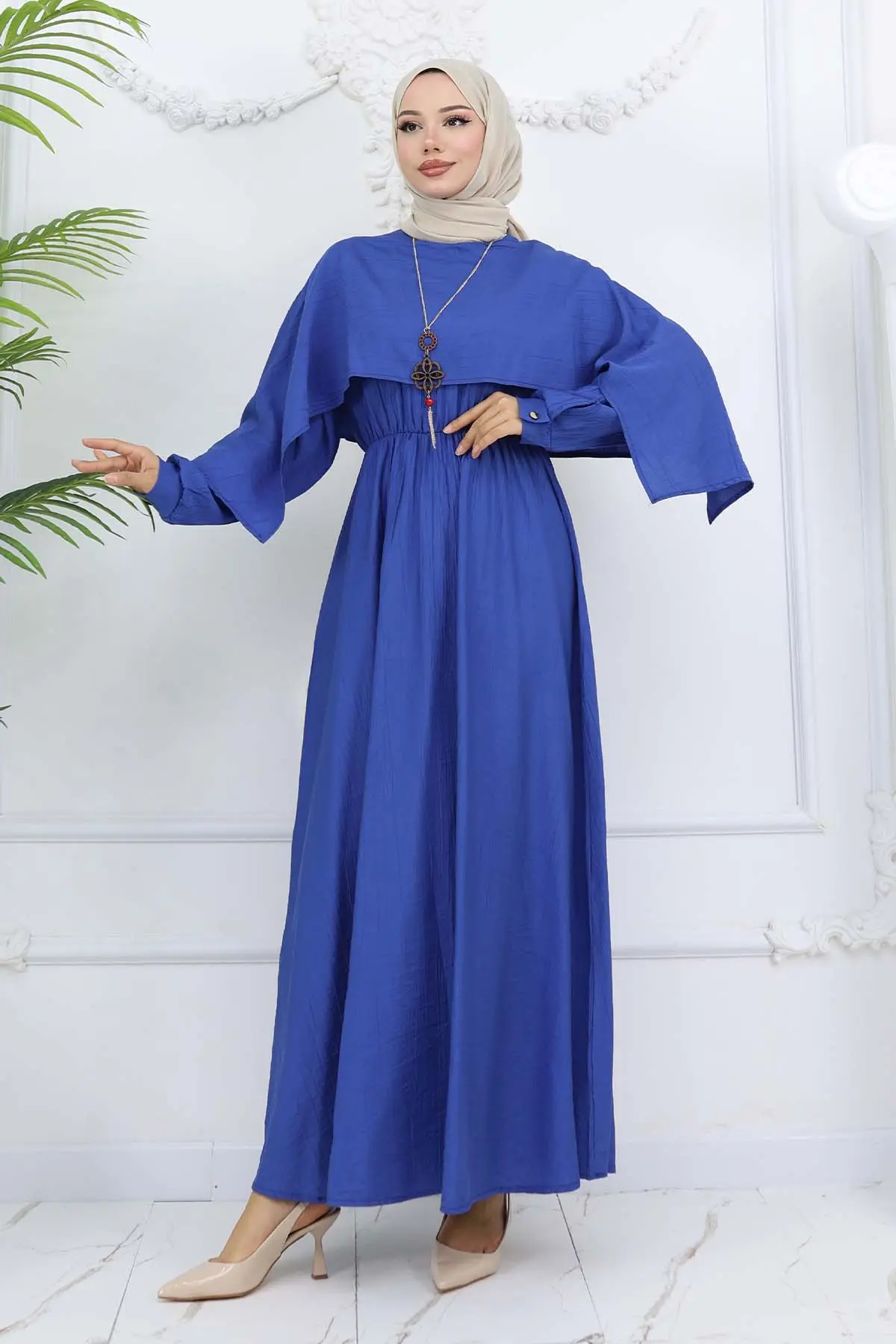 Yaka Detaylı Kolyeli Elbise Saks Mavisi 4809-detail