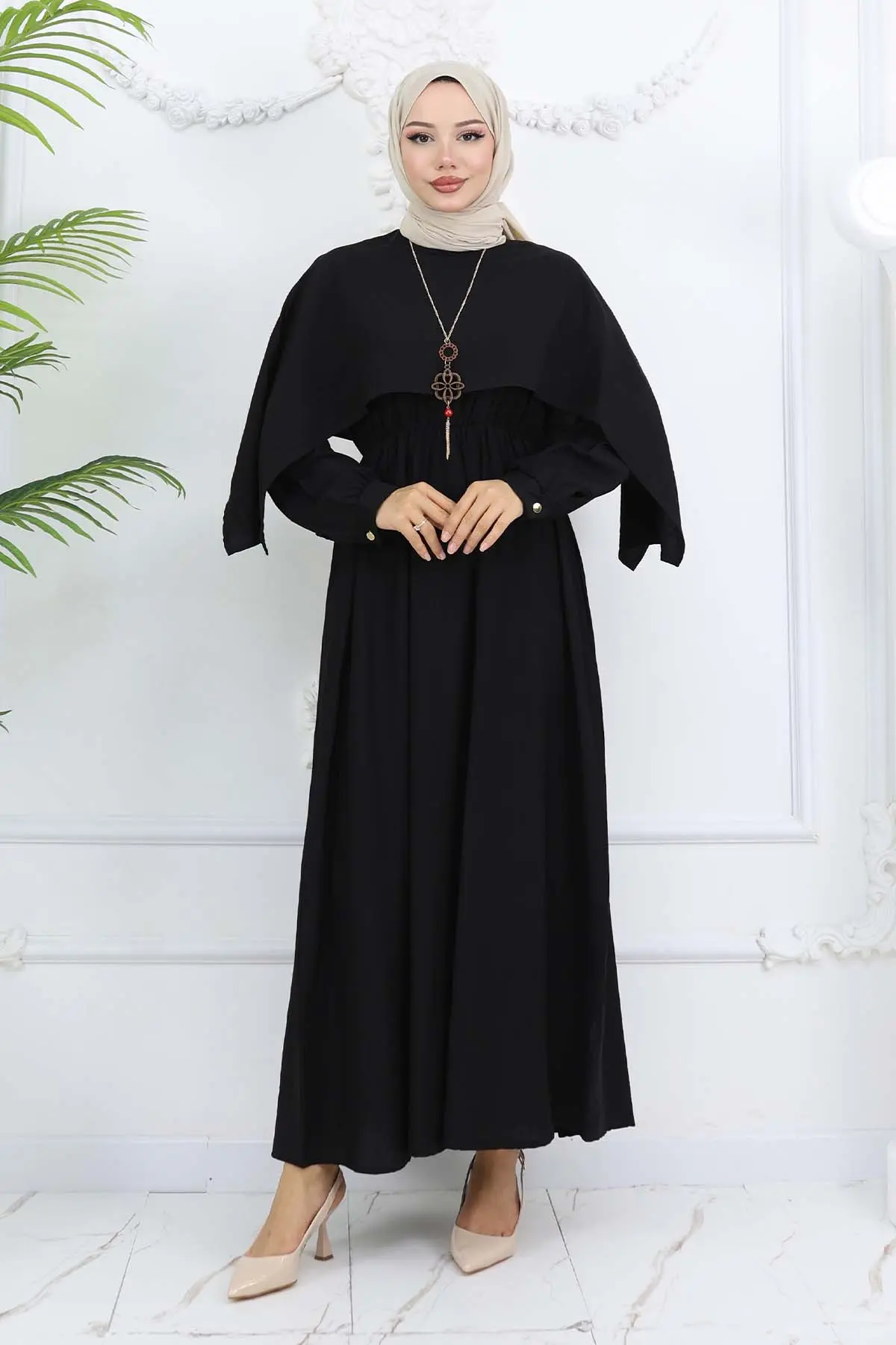 Yaka Detaylı Kolyeli Elbise Siyah 4809-detail