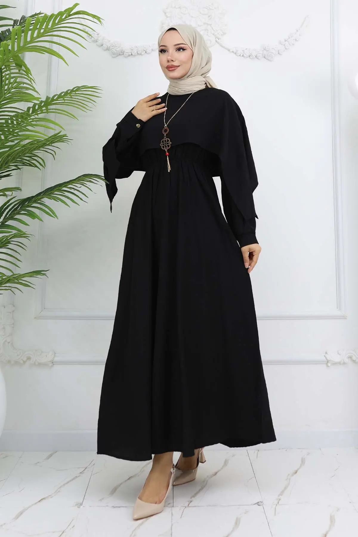 Yaka Detaylı Kolyeli Elbise Siyah 4809-detail