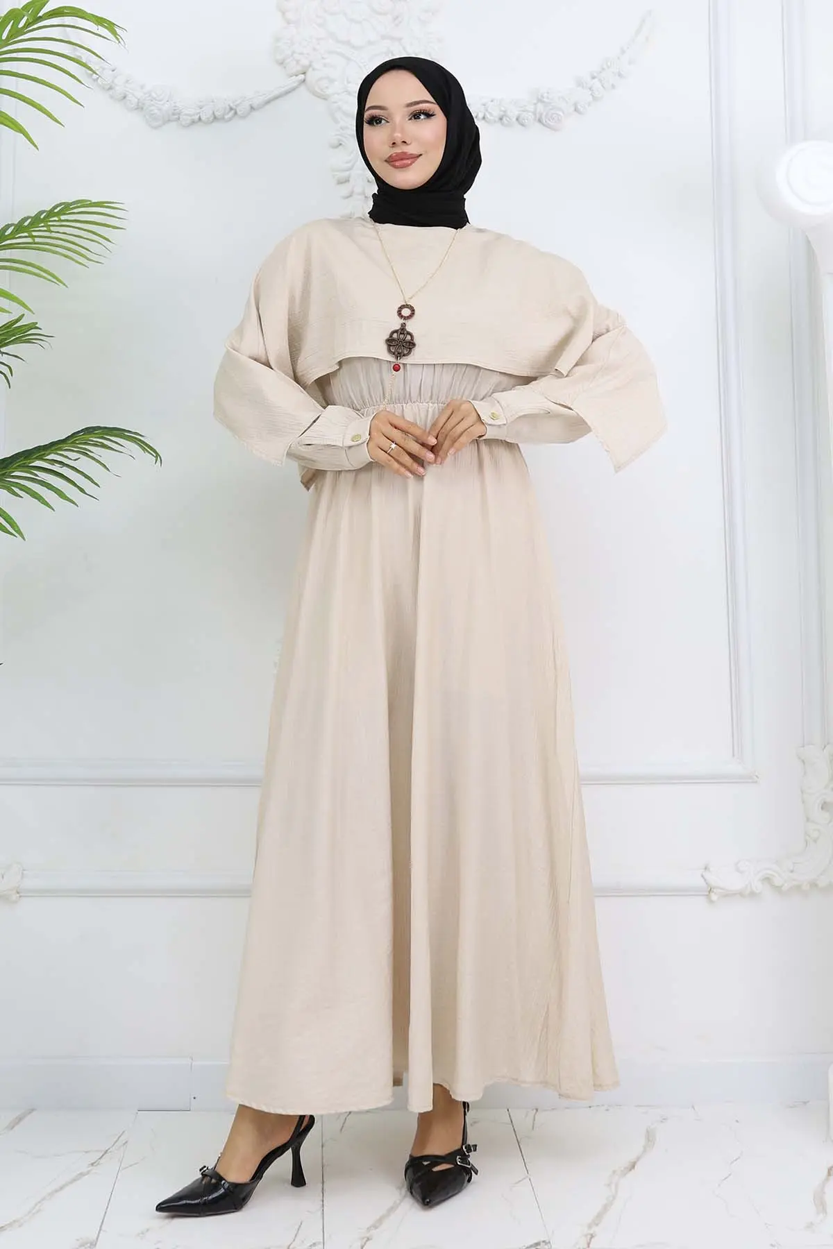 Yaka Detaylı Kolyeli Elbise Taş Rengi 4809-detail