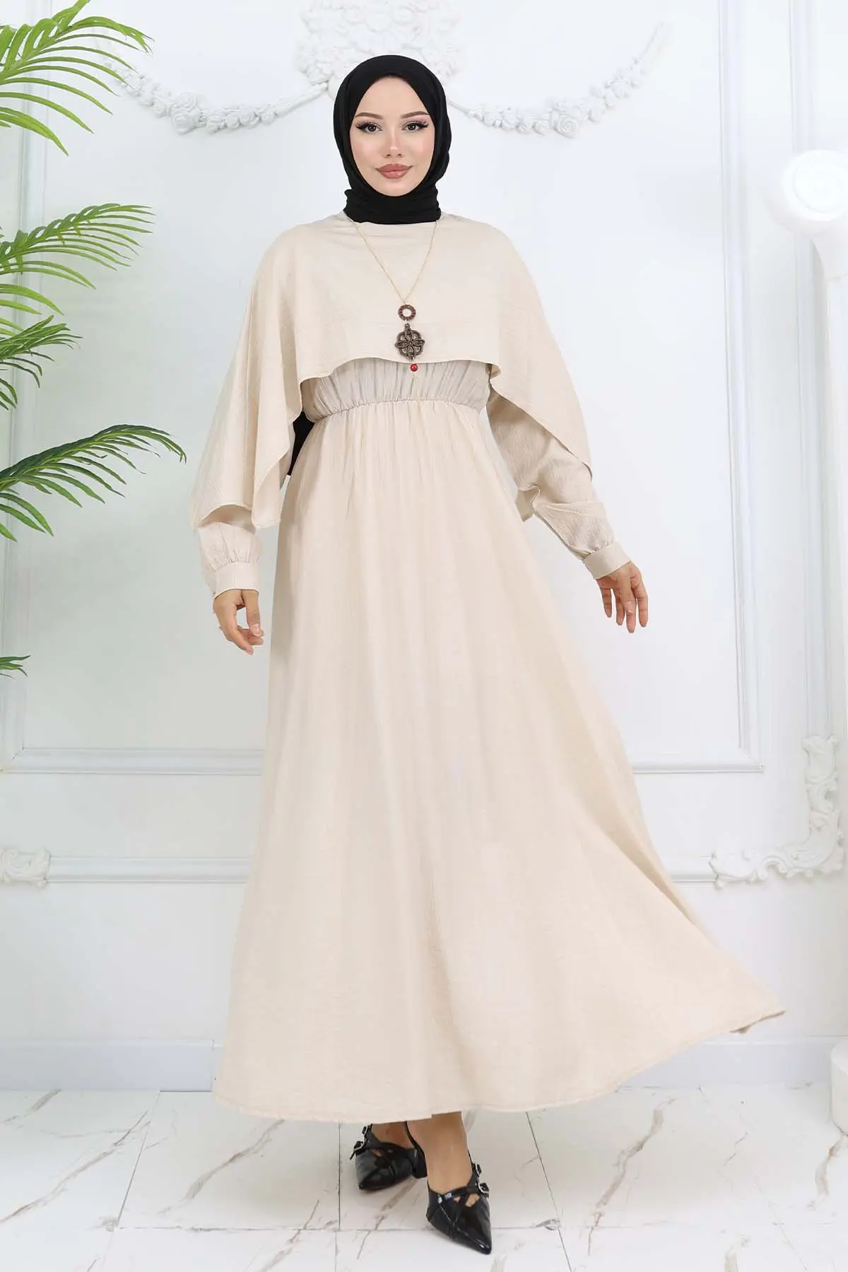 Yaka Detaylı Kolyeli Elbise Taş Rengi 4809-detail