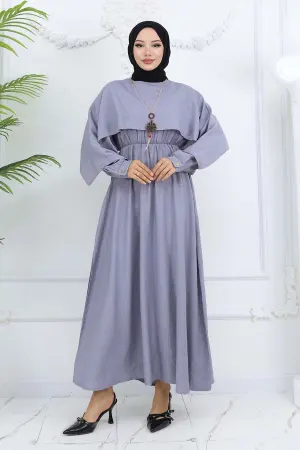 Yaka Detaylı Kolyeli Elbise Gri 4809