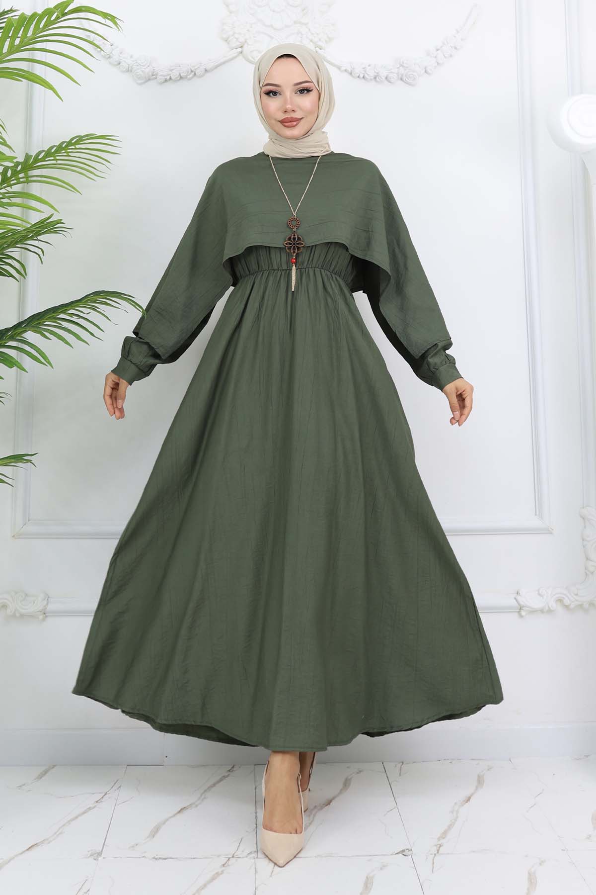 Yaka Detaylı Kolyeli Elbise Haki 4809