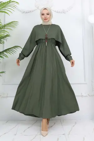 Yaka Detaylı Kolyeli Elbise Haki 4809