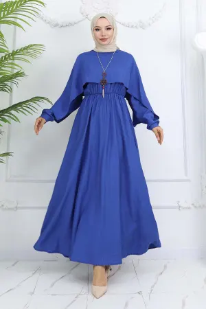 Yaka Detaylı Kolyeli Elbise Saks Mavisi 4809