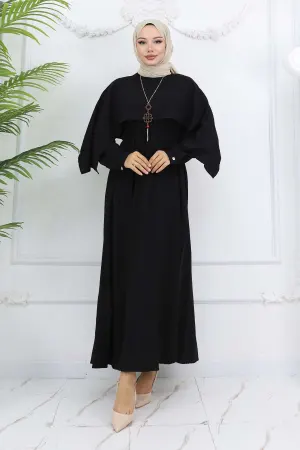 Yaka Detaylı Kolyeli Elbise Siyah 4809