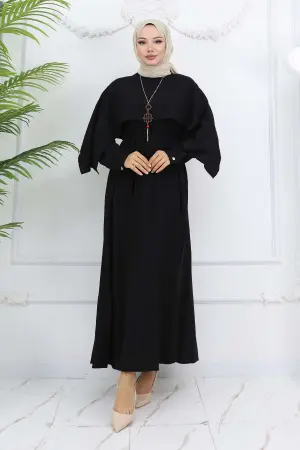 Yaka Detaylı Kolyeli Elbise Siyah 4809
