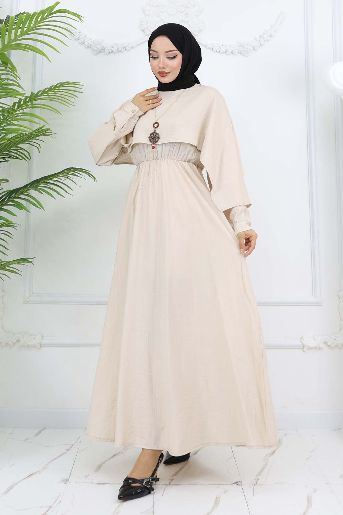 Yaka Detaylı Kolyeli Elbise Taş Rengi 4809