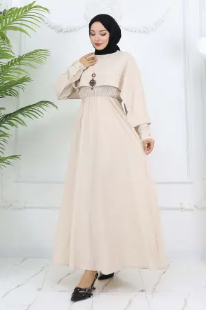 Yaka Detaylı Kolyeli Elbise Taş Rengi 4809
