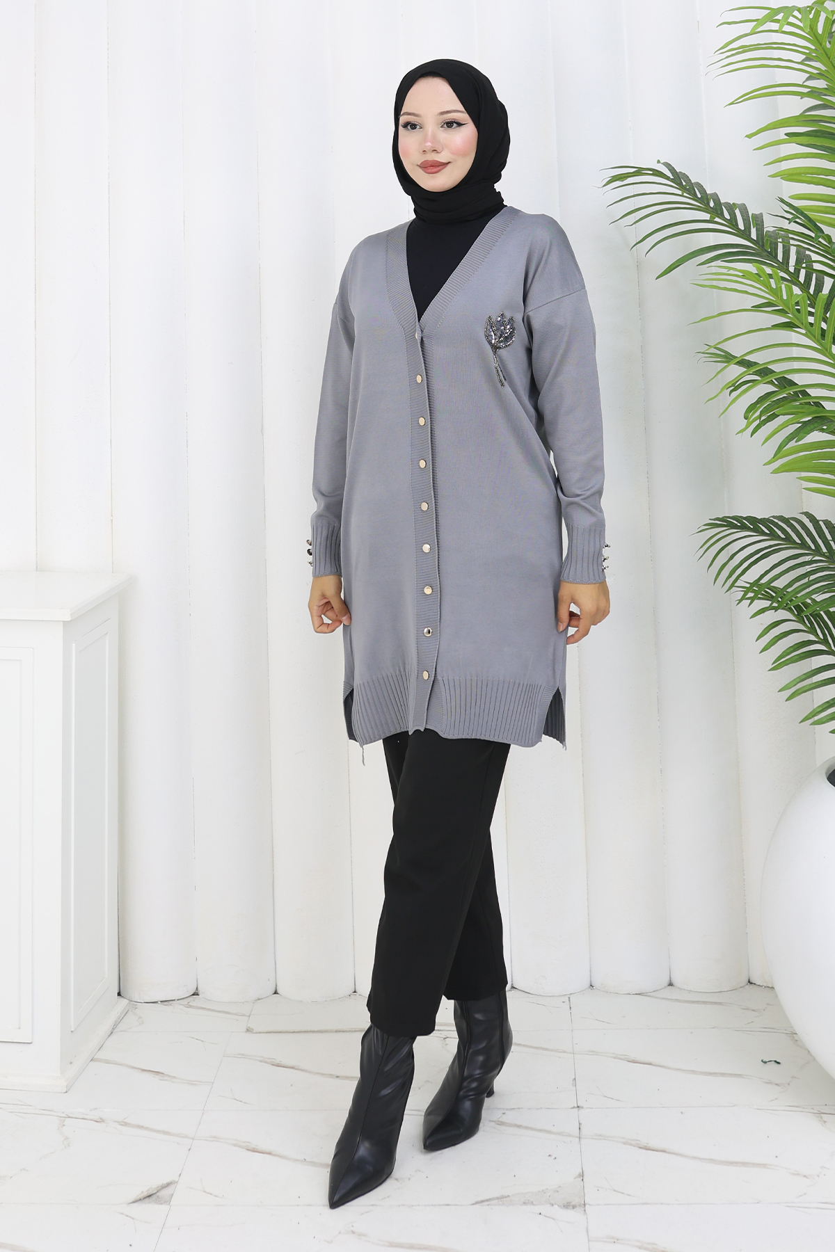 Long Mercerized Cardigan With Collar Detail
