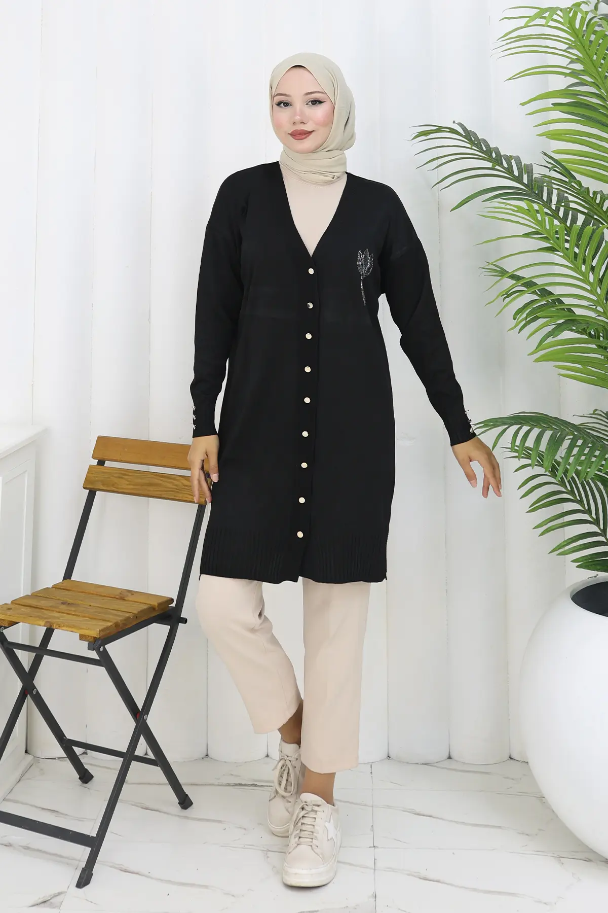 Long Mercerized Cardigan With Collar Detail