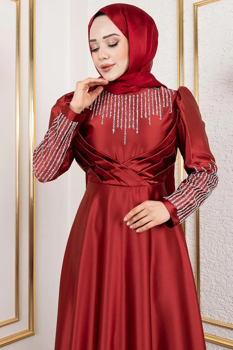 Satin Evening Dress With Stone Detail On Collar And Sleeves-detail