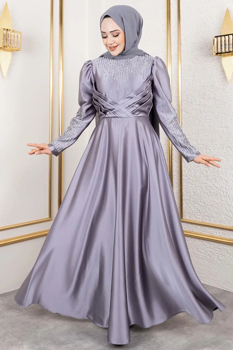 Satin Evening Dress With Stone Detail On Collar And Sleeves-detail
