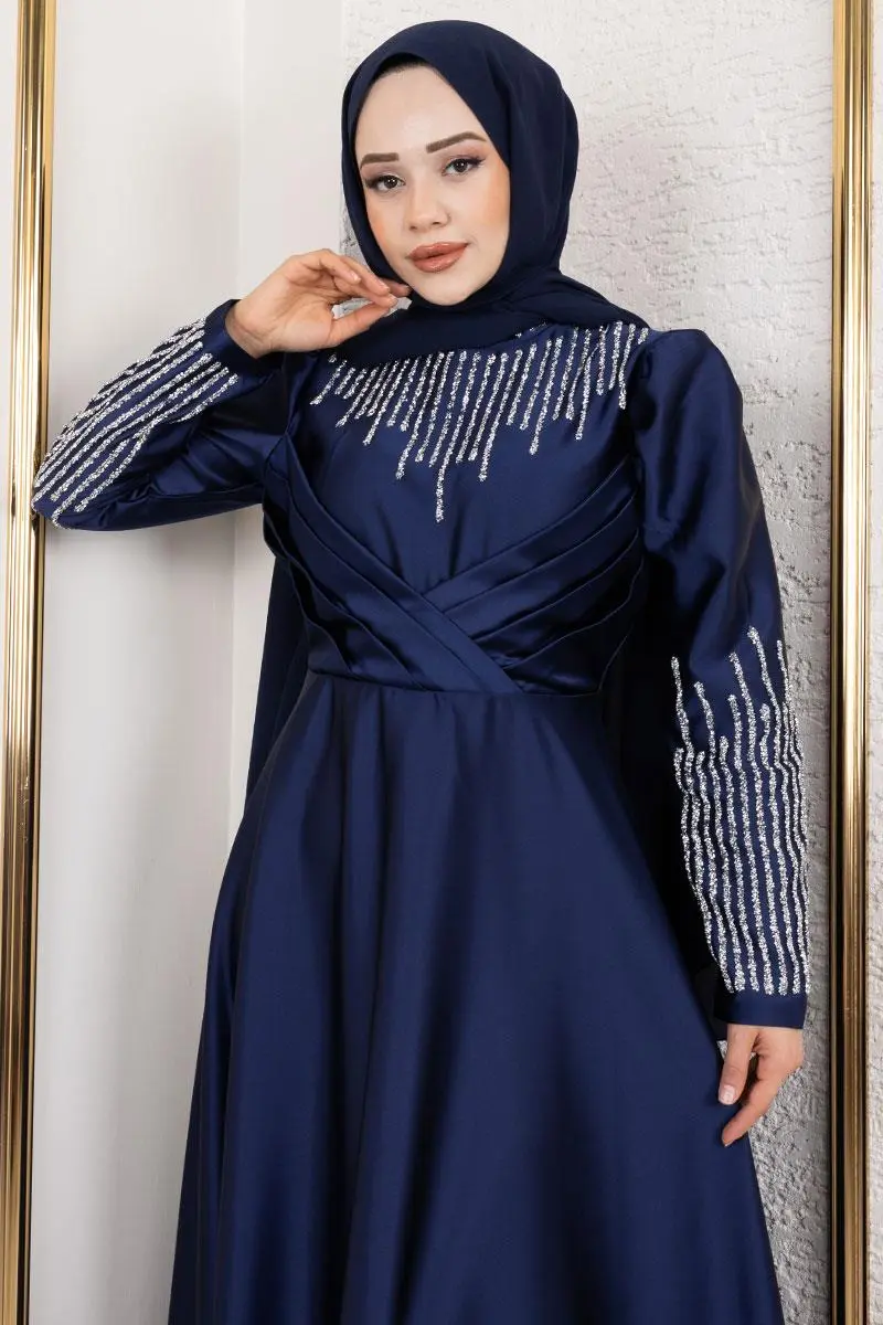 Yaka Ve Kol Taş Detaylı Saten Abiye Lacivert-detail
