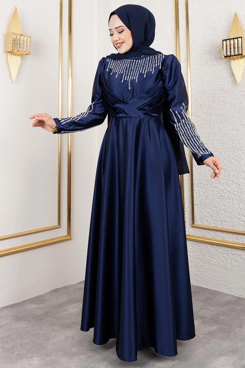 Yaka Ve Kol Taş Detaylı Saten Abiye Lacivert-detail