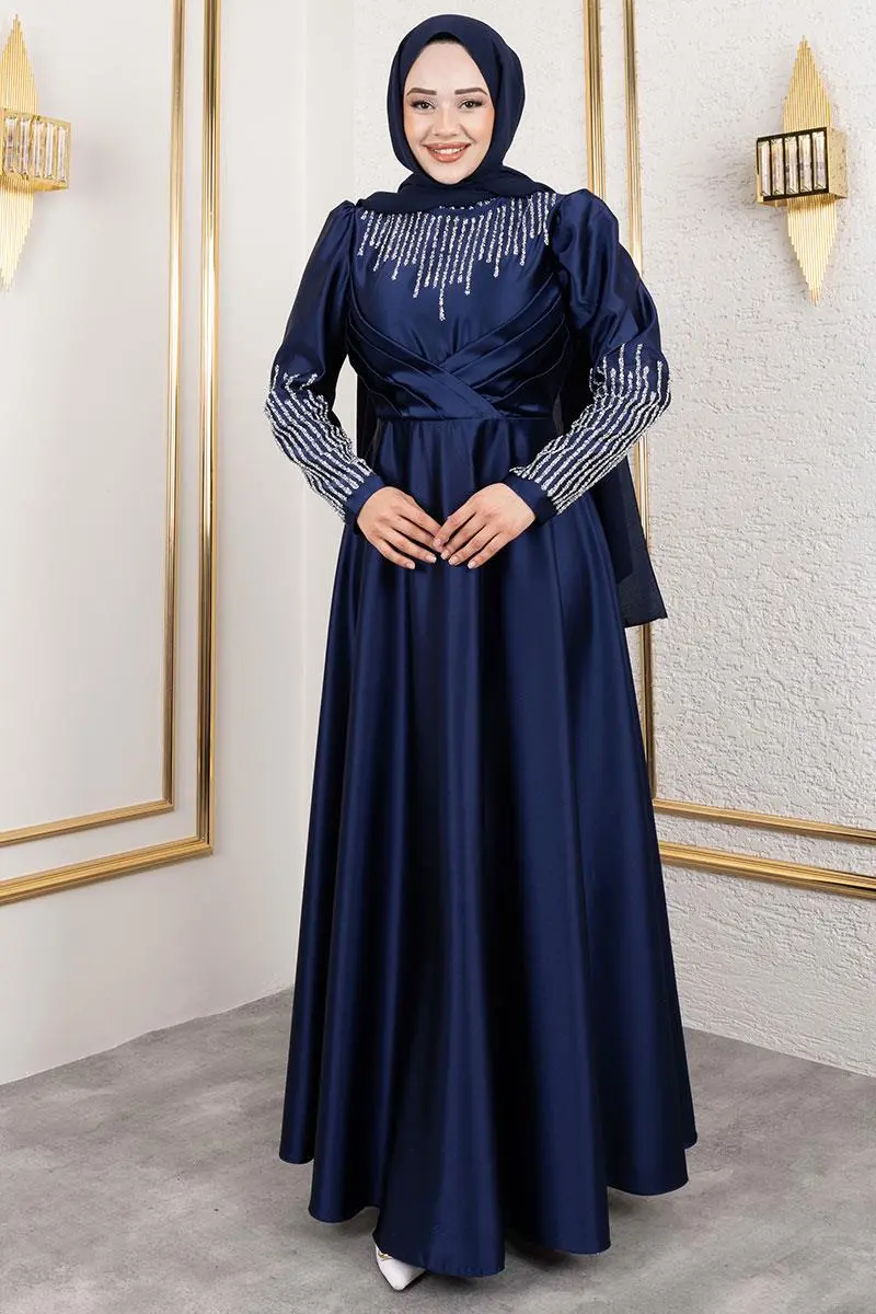Yaka Ve Kol Taş Detaylı Saten Abiye Lacivert-detail
