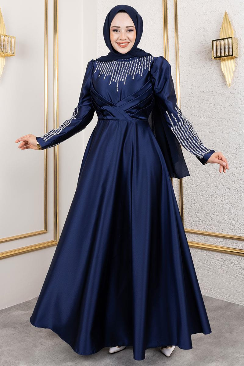 Yaka Ve Kol Taş Detaylı Saten Abiye Lacivert