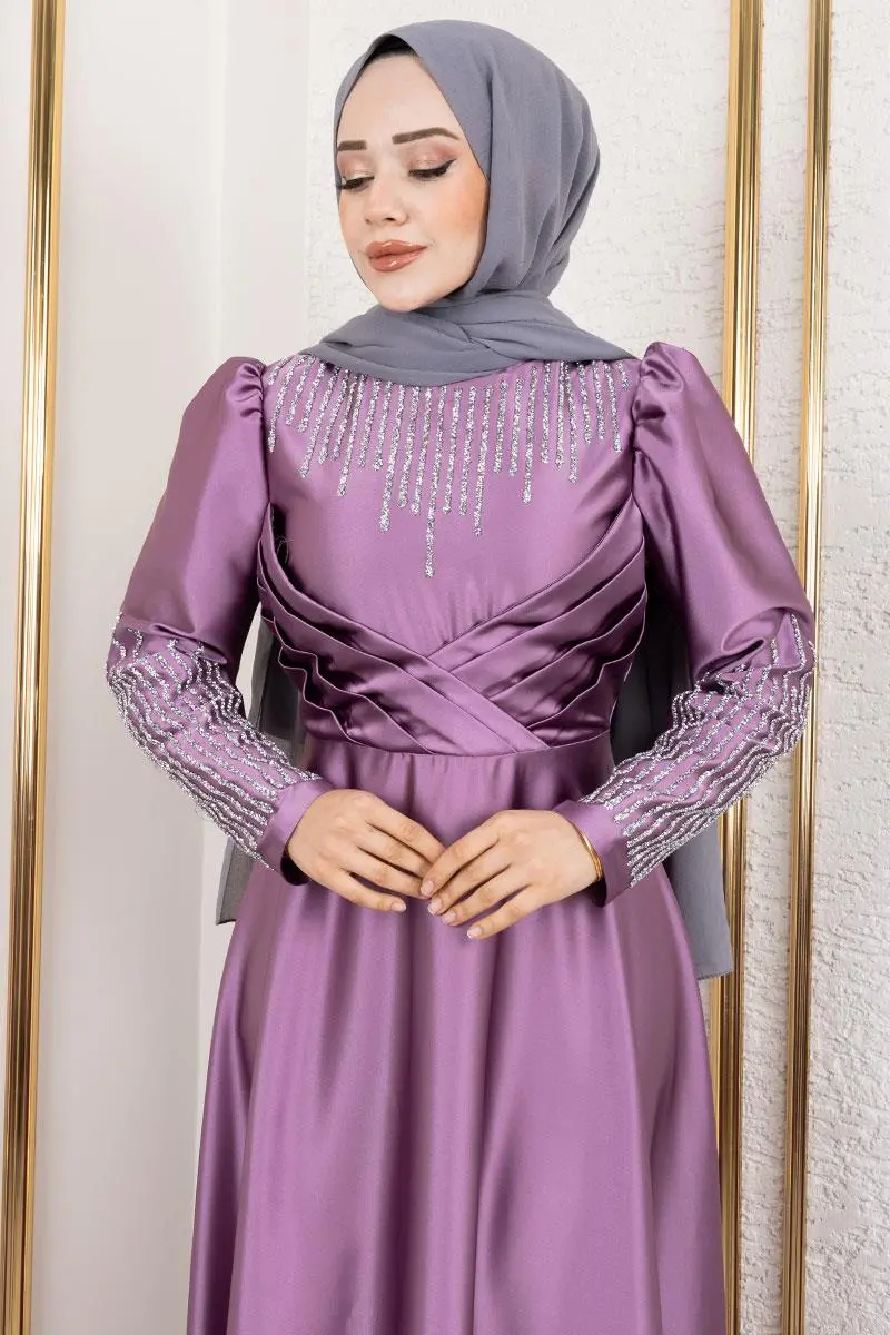 Yaka Ve Kol Taş Detaylı Saten Abiye Lila-detail