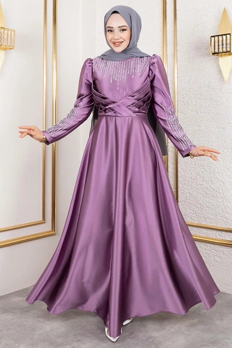 Yaka Ve Kol Taş Detaylı Saten Abiye Lila-detail