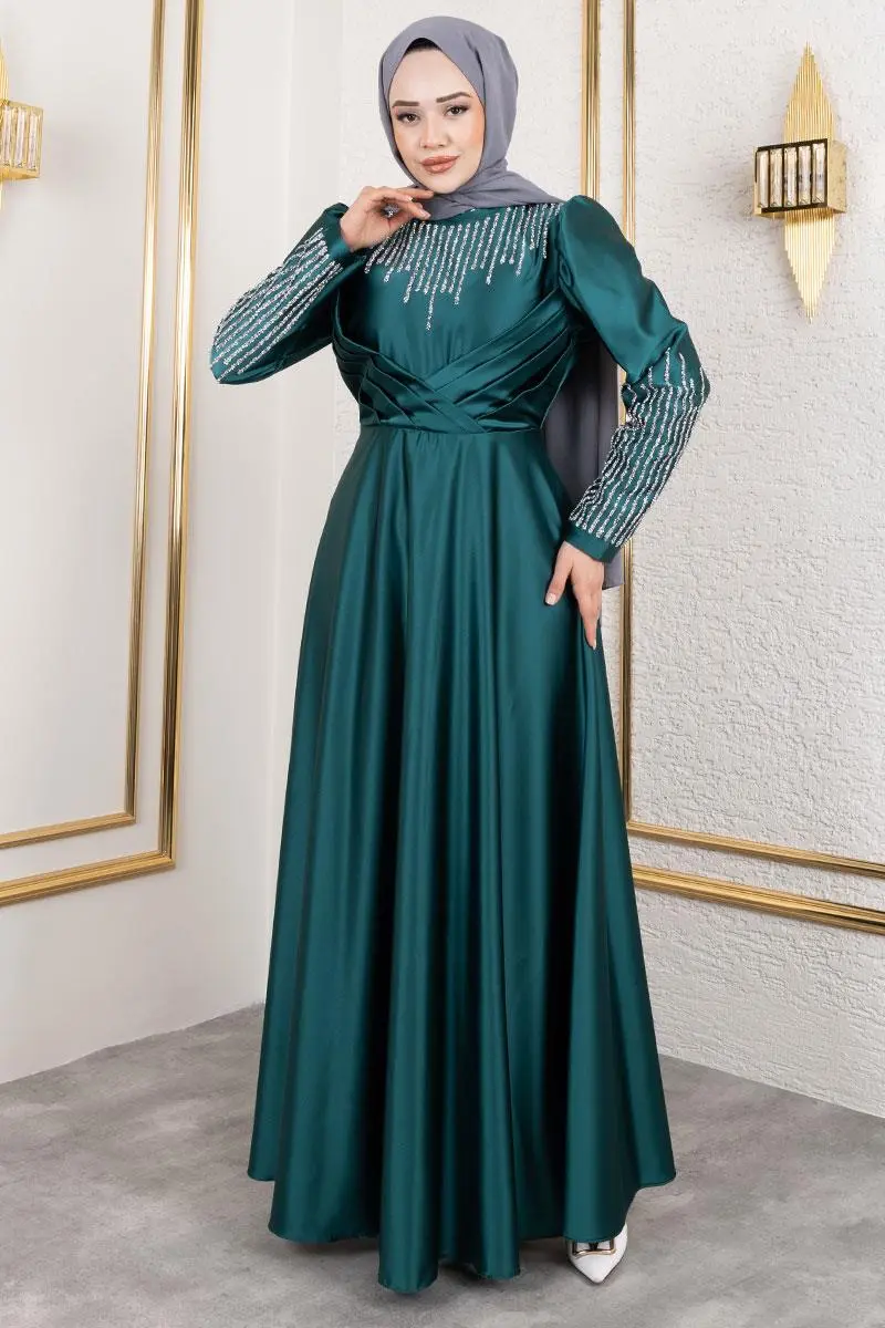 Yaka Ve Kol Taş Detaylı Saten Abiye Zümrüt Yeşili-detail