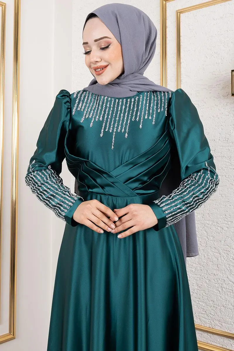 Yaka Ve Kol Taş Detaylı Saten Abiye Zümrüt Yeşili-detail