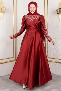 Yaka Ve Kol Taş Detaylı Saten Abiye Bordo