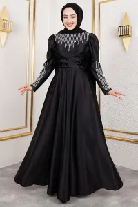 Yaka Ve Kol Taş Detaylı Saten Abiye Siyah