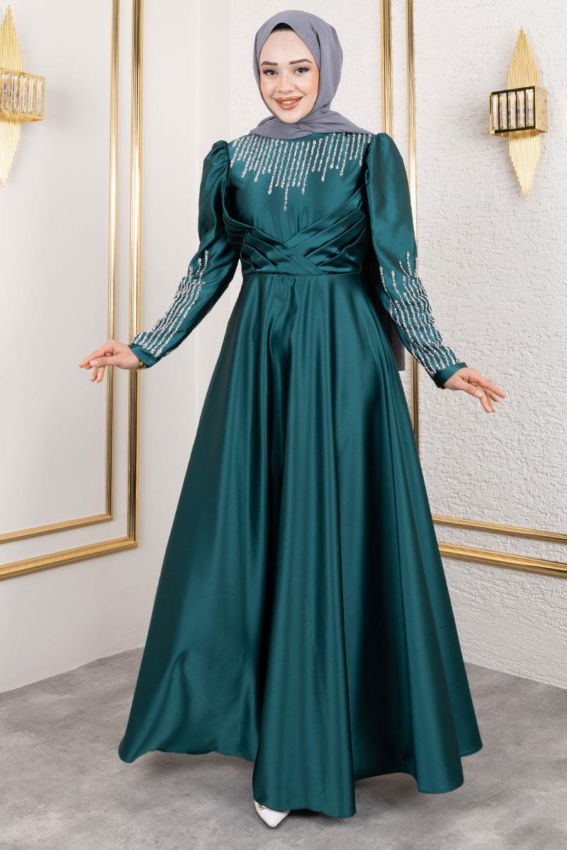 Satin Evening Dress With Stone Detail On Collar And Sleeves