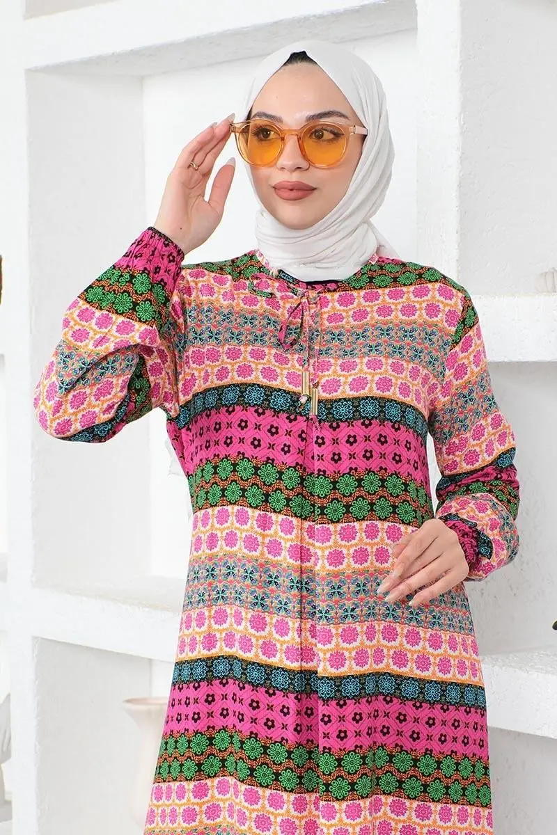 Yakası Bağcıklı Viskon Elbise Fuşya-detail