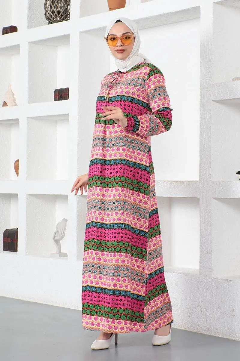 Yakası Bağcıklı Viskon Elbise Fuşya-detail