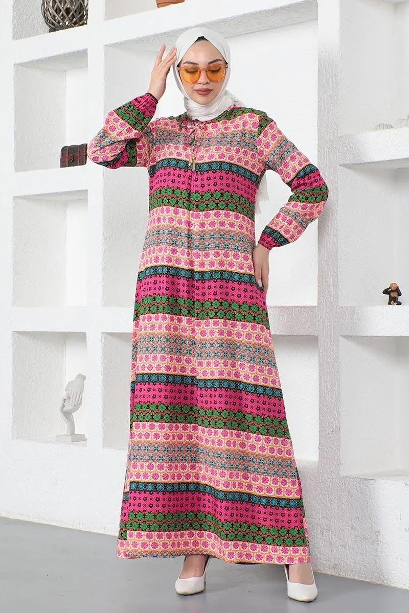 Yakası Bağcıklı Viskon Elbise Fuşya-detail