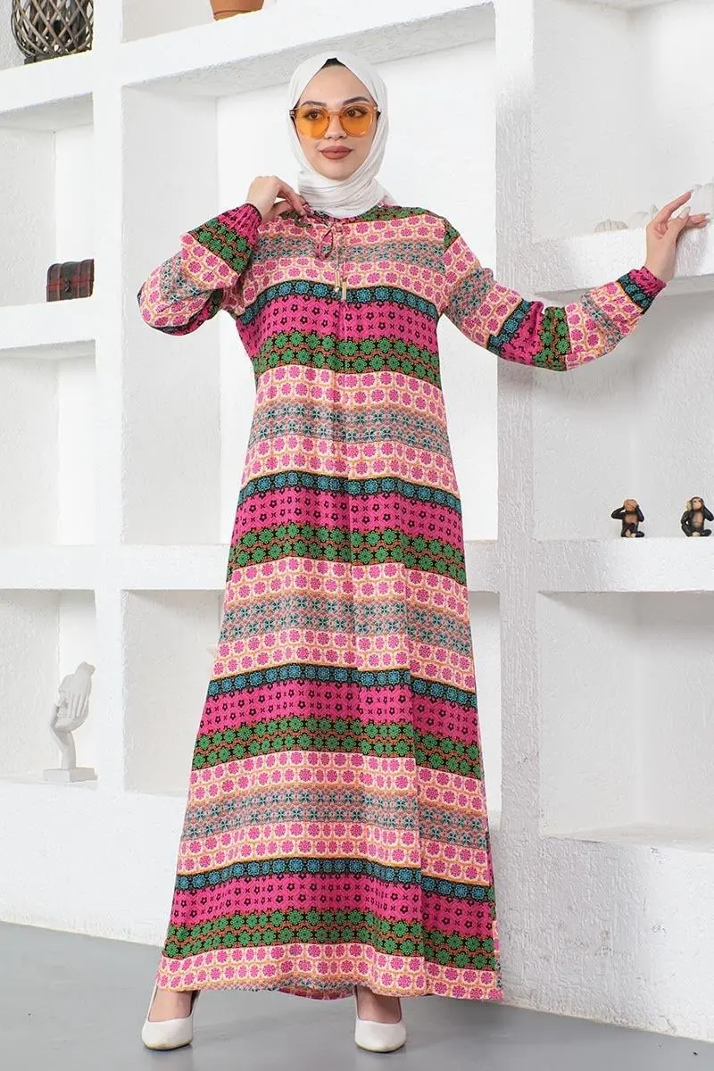 Yakası Bağcıklı Viskon Elbise Fuşya-detail