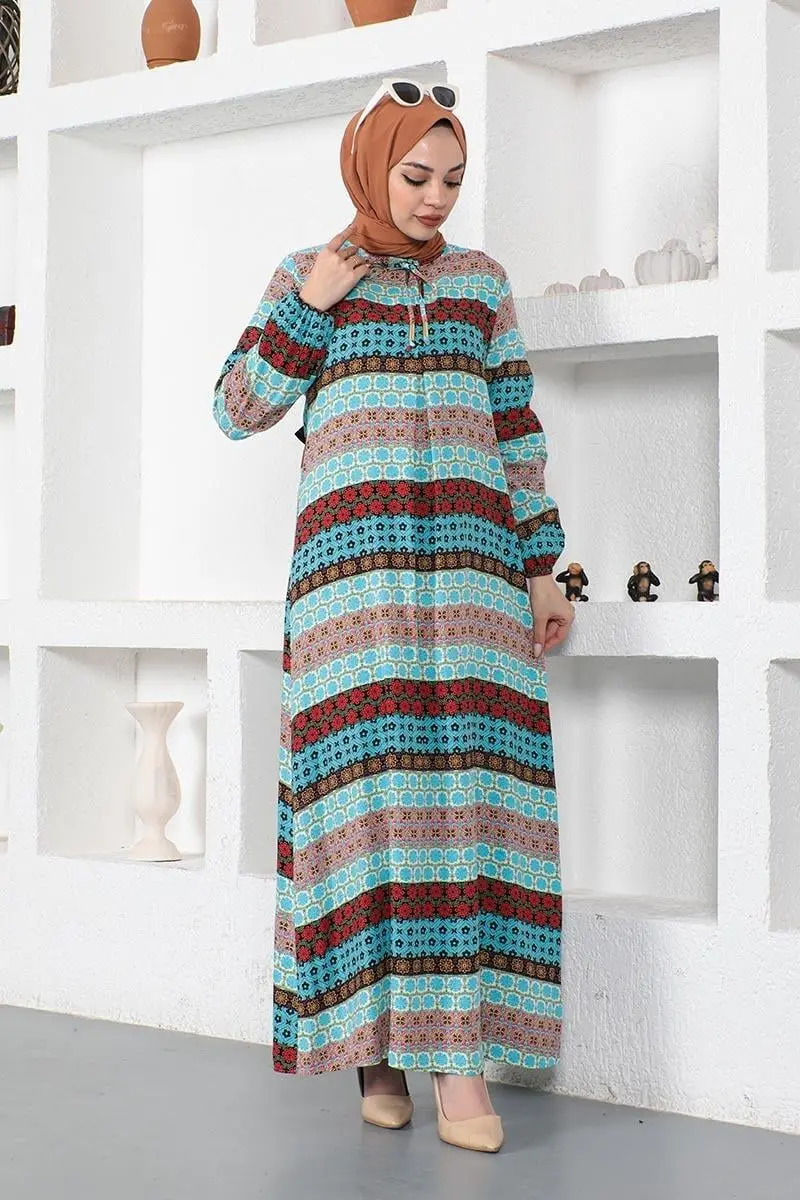 Yakası Bağcıklı Viskon Elbise Mavi-detail