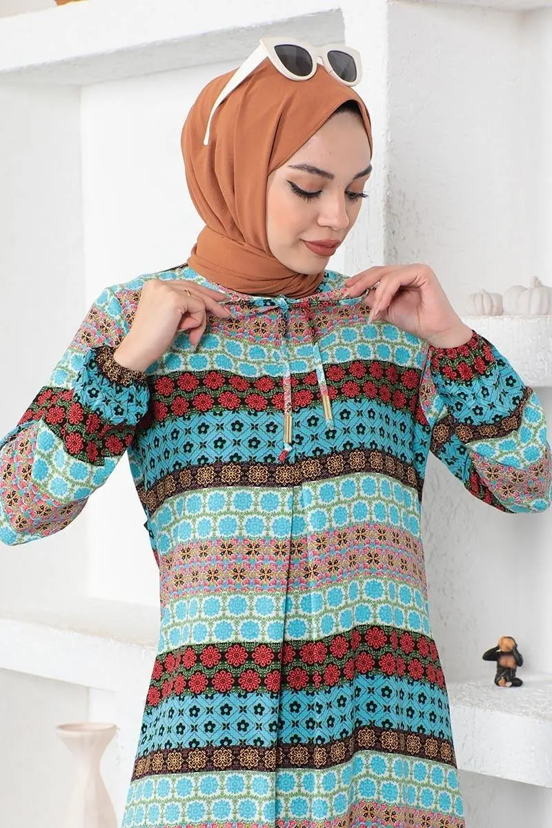 Yakası Bağcıklı Viskon Elbise Mavi-detail