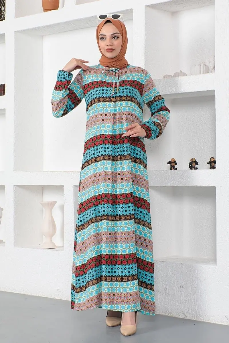 Yakası Bağcıklı Viskon Elbise Mavi-detail