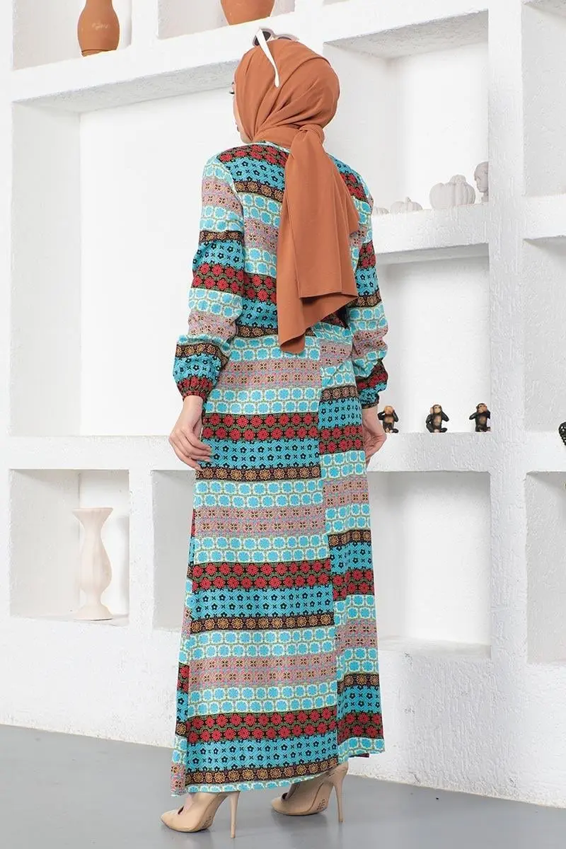 Yakası Bağcıklı Viskon Elbise Mavi-detail