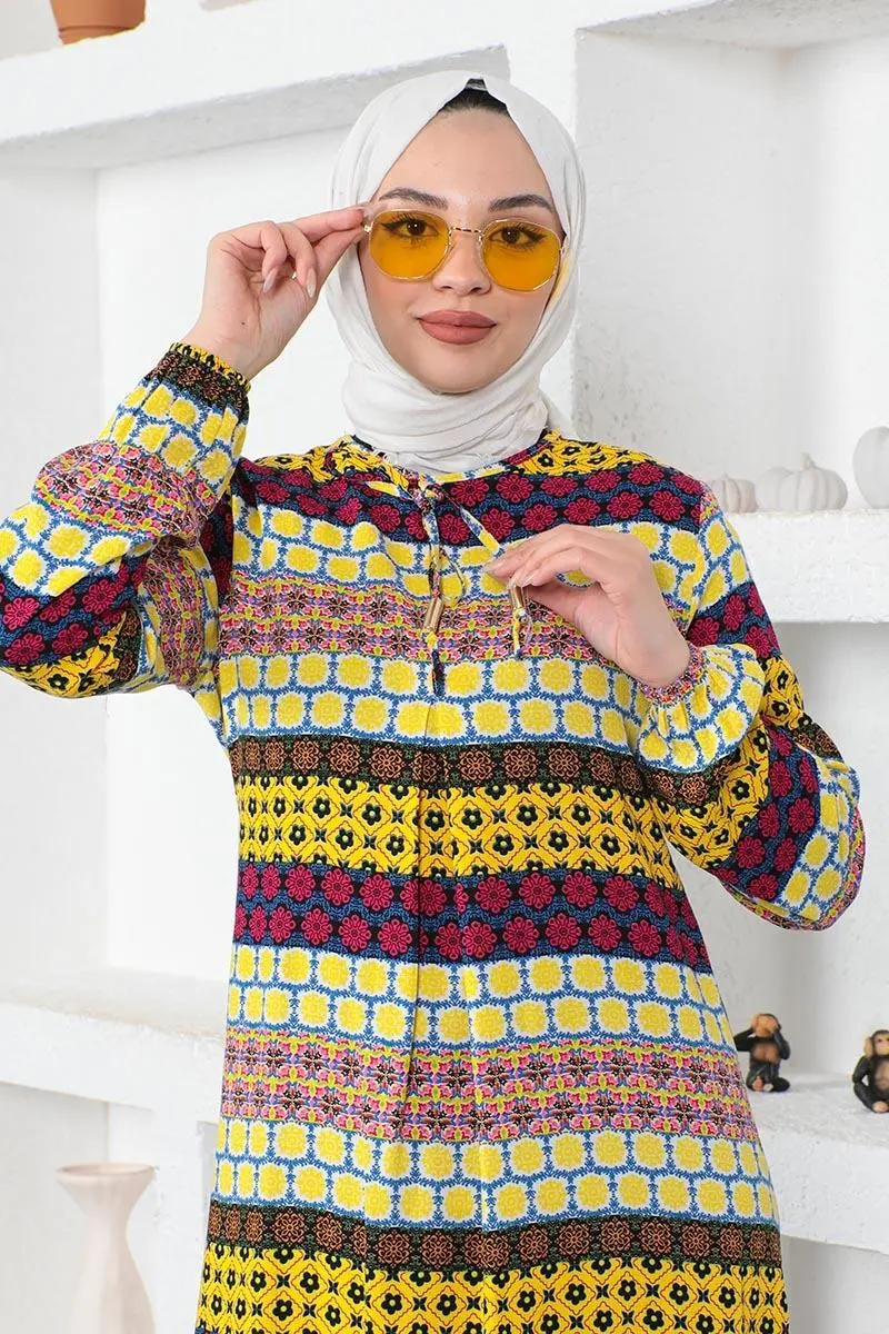 Yakası Bağcıklı Viskon Elbise Sarı-detail