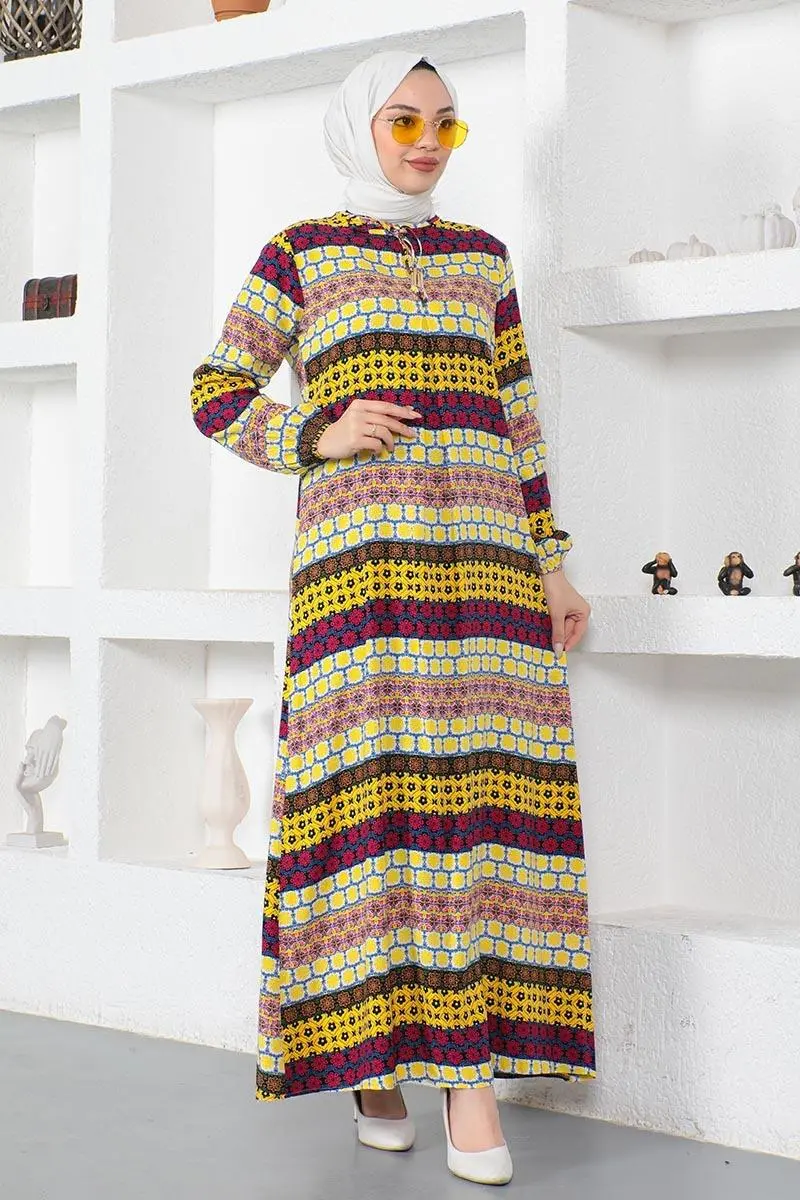 Yakası Bağcıklı Viskon Elbise Sarı-detail